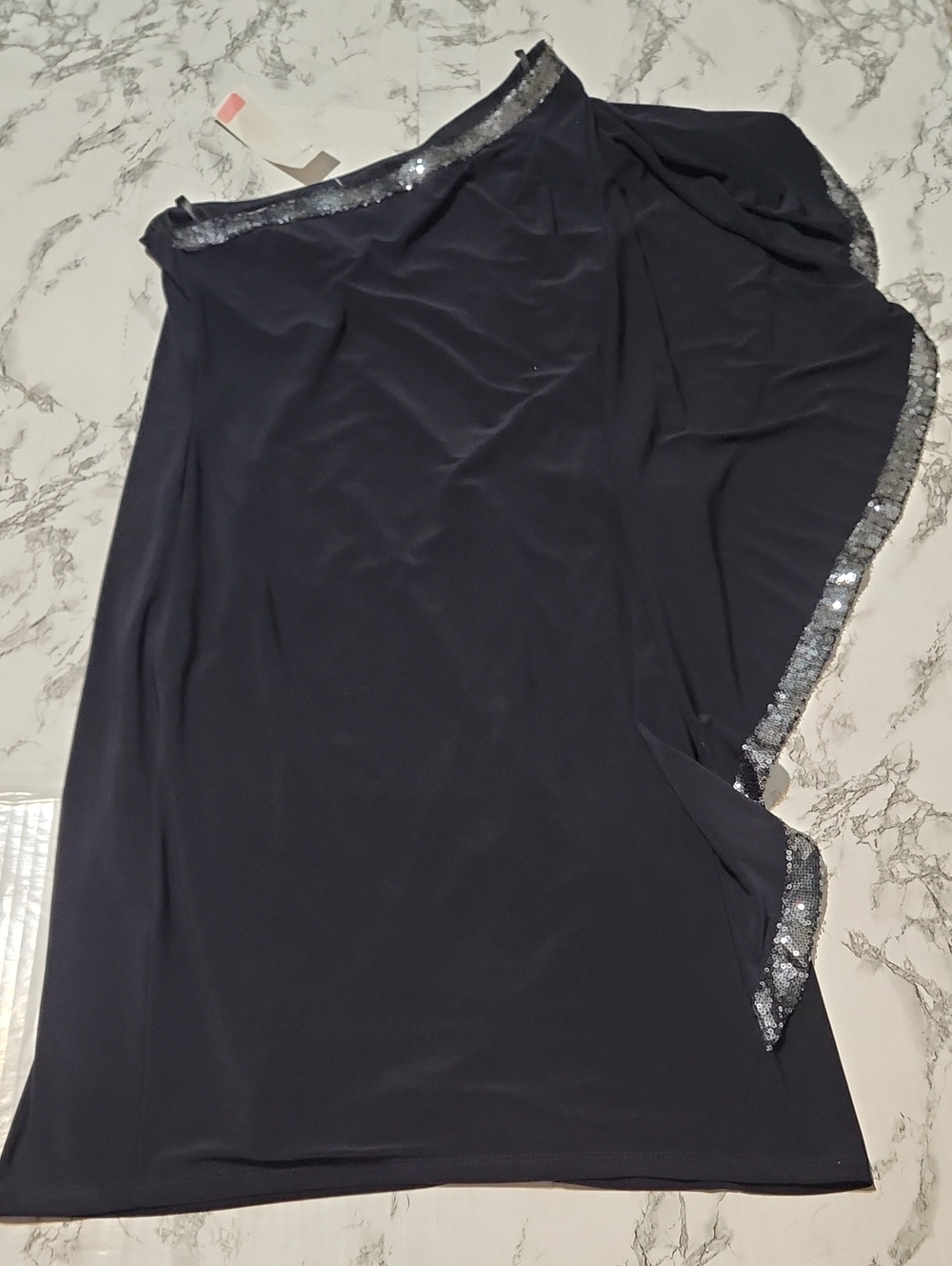 Betsy & Adam One Shoulder Dress with Sequin Trim